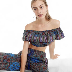 J.Crew Boho Printed Matching Set Off Shoulder Crop Top Wide Leg Pants M